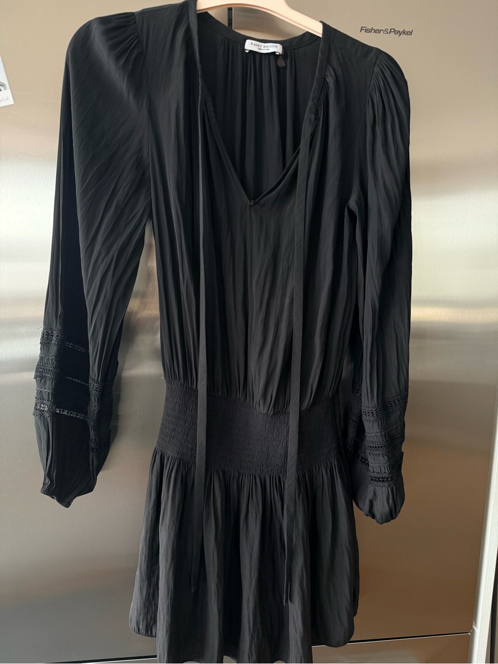 Ramy Brook Black Long-Sleeve Smocked Waist Dress